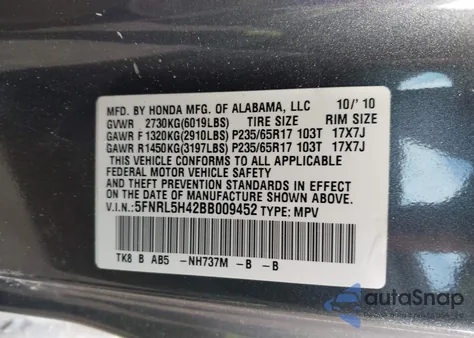 2011 Honda Odyssey Ex from USA, damaged, VIN 5FNRL5H42BB009452